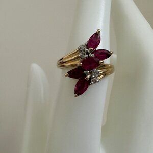 14K Yellow Gold Genuine Marquise Ruby Diamond Band Ring Size 6.5